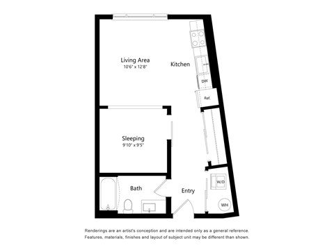 A floor plan of a small apartment with a living area, kitchen, sleeping area, and bathroom.